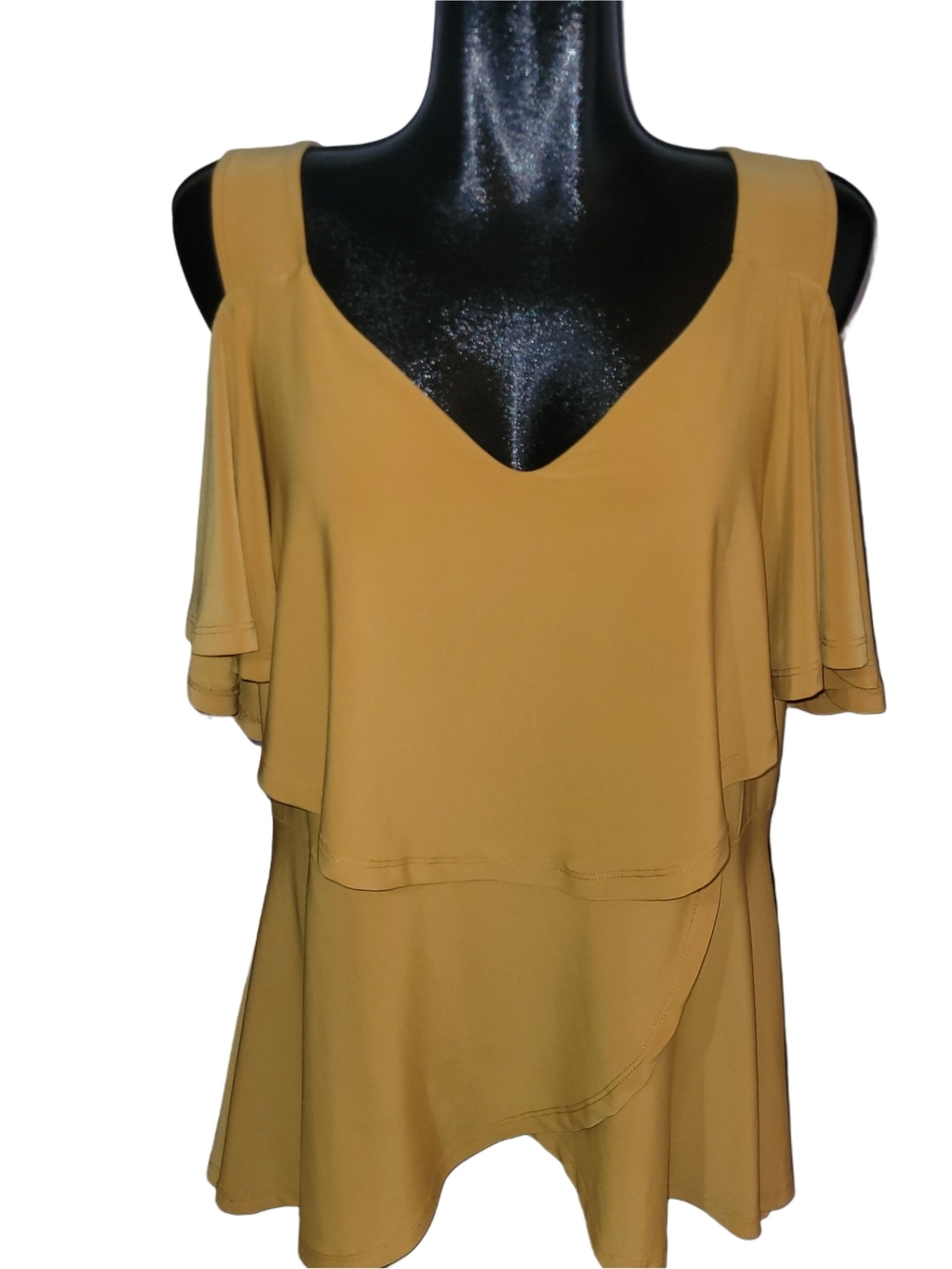 Artex Fashions Mustard Cold-Shoulder Short Flutter Sleeve Ruffled Tunic Top